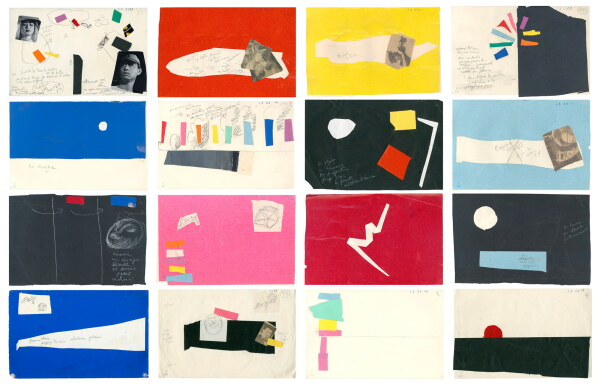 Le Corbusier, Studien für das Poème électronique, zweites Szenario, Mai 1957, schwarzer und weier Stift, zugeschnittene Farbpapiere und Fotografien