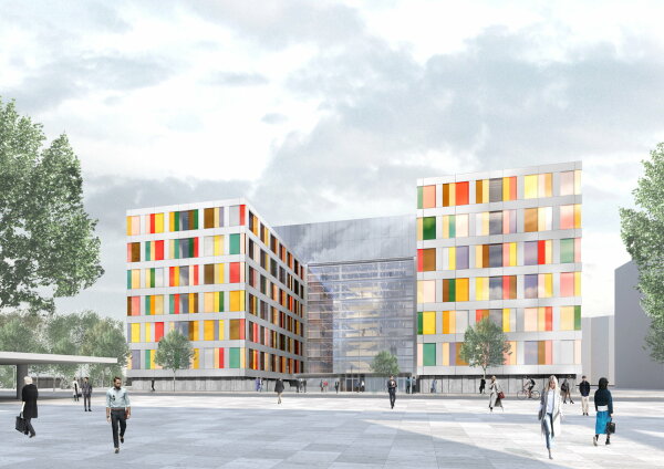 Der Entwurf von Sauerbruch Hutton setzt auf eine Fassade aus Glaspaneelen in 14 Farben und Aluminiumplatten.