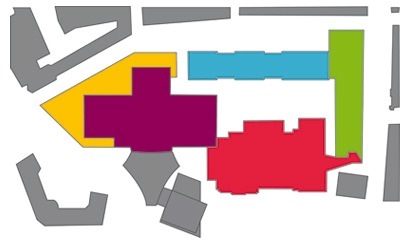 Bauabschnitte des Campus. Grn: Institutsgebude Grimmaische Strae; rot: Hauptgebude Paulinum
