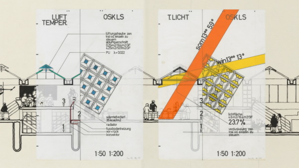 Still aus Ludwig Leo Werkfilm: Idealschnitt aus dem Vorentwurf fr die Laborschule Bielefeld, überlagert mit haustechnischen Konzeptzeichnungen, 1971