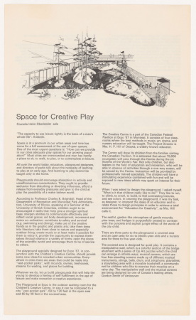 Space for Creative Play, a text by Cornelia Hahn Oberlander a.s.l.a. on Children's Creative Centre Playground, Canadian Federal Pavilion, Expo '67, Montral, Qubec. ca. 1967. Cornelia Hahn Oberlander fonds. Collection Canadian Centre for Architecture, Montral.  Cornelia Hahn Oberlander