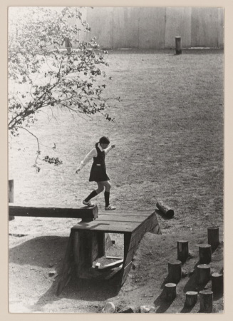 View of child playing in Talmud Torah School Playground, Vancouver, British Columbia. 1970. Cornelia Hahn Oberlander fonds. Collection CCA, Montréal. Gift of Cornelia Hahn Oberlander © Cornelia Hahn Oberlander
