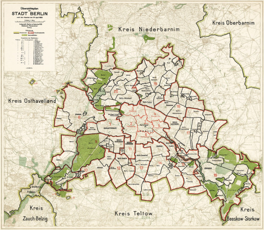 bersichtsplan nach dem Gro-Berlin-Gesetz vom 27. April 1920 mit 20 Verwaltungsbezirken und Dauerwaldflchen.