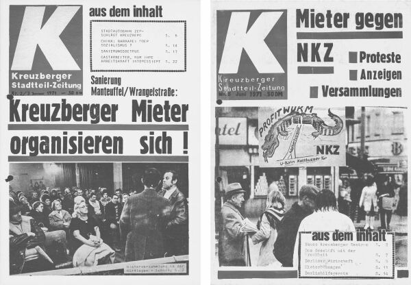 Zeugnisse historischer Mieter*innenproteste auf Titelbildern der Kreuzberger Stadtteilzeitung, Quelle: FHXB Friedrichshain-Kreuzberg Museum