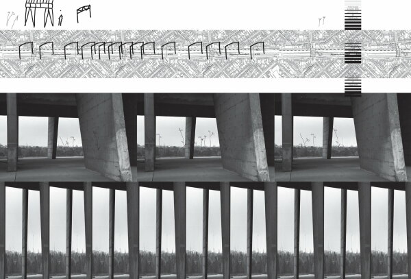 2056 Sozialpalste auf Stelzen: Collage Heike Hanada, Originalphoto: Willy Pragher, Le Corbusier-Haus, Sttzen mit Durchblick, 1960