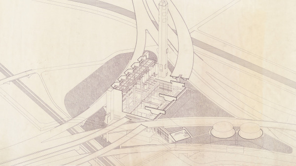Heizkraftwerk Aubrugg in Wallisellen von Pierre Zoelly (1975  1978), Perspektivschnitt, Tusche auf Papier