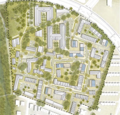 Lageplan des neuen Modellquartiers Ellener Hof in Bremen. Das Studentenwohnheim oben rechts an der Roselius-Allee