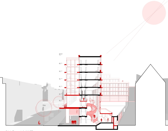 1. Preis: Giesler Architekten (Braunschweig/Berlin), Schnitt durch die Eingangshalle