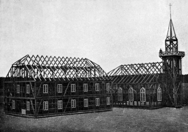 Testaufbau einer vorfabrizierten Missions-Station 1896 auf dem Firmengelnde von Christoph & Unmack, Niesky: Mit Wohnhaus und Kirche fr den Einsatz in Makkavik, Labrador, an der Nordostkste des heutigen Kanada