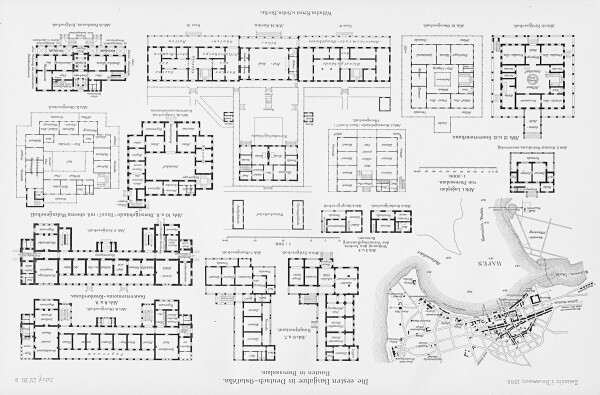 Grundrisse für die „Häuser I-V“, Entwurf von F.H. Schmidt für Daressalam in Deutsch-Ostafrika