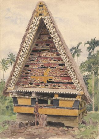 Haus eines Mannes, Palau-Inseln. Zeichnung von Elisabeth Krämer-Bannow, die nach 1900 die deutschen Kolonien im Pazifik bereiste