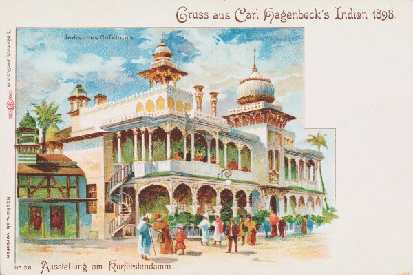 Postkarte mit dem Indischen Cafehaus aus Carl Hagenbecks Indien-Schau in Berlin 1898