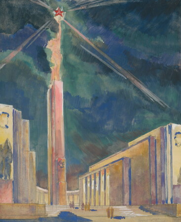 Entwurf fr den Pavillon der UdSSR auf  der Weltausstellung 1939 in New York.  Ansicht, 19381939, Pinsel, Aquarell, Gouache, Bleistift, Papier, 293  241 mm