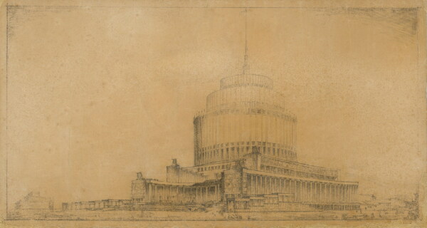 Entwurf fr den Palast der Sowjets in Moskau. Zweiter geladener Wettbewerb.   Perspektivische Ansicht, um 1932, Graphit, Lack, Papier, 330  611 mm