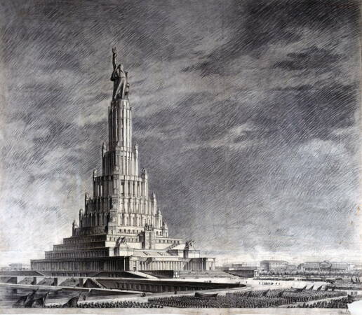 Entwurf fr den Palast der Sowjets in Moskau. Endgltige Variante. Ansicht von der   Moskwa, 1934, Kohle, Papier, 1670  1880 mm