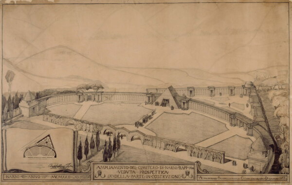 Entwurf fr die Erweiterung des Friedhofs  in Narni. Lageplan und Perspektive, 1922,   schwarze Kreide, Aquarell, braunes Papier, 1072  1690 mm