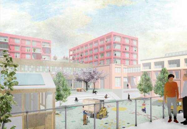 Wettbewerb Quartier Backnang West: Visualisierung der ParkAue als Gelenk zwischen Hangkante und Murr