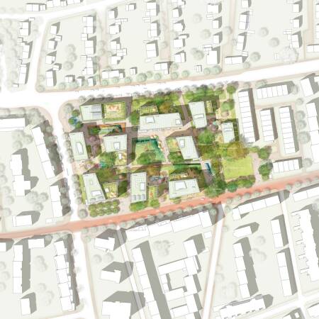 Lageplan zum stdtebaulichen Entwurf Am Rotweg: 1. Preis: ISSS research / architecture / urbanism und topo*grafik, Blick auf die Gemeinschaftswiese im Herzen des geplanten Quartiers