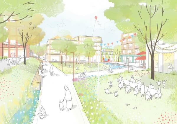 Visualisierung zum stdtebaulichen Entwurf Am Rotweg: 1. Preis: ISSS research / architecture / urbanism und topo*grafik, Blick auf die Gemeinschaftswiese im Herzen des geplanten Quartiers