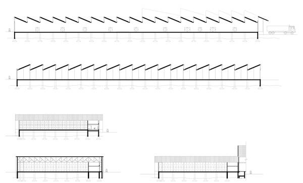 Fertigungshalle: Schnitte und Ansichten