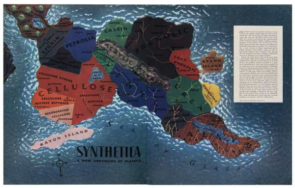Karte von Synthetica, einem aus Kunststoffen bestehenden Kontinent, verffentlicht im Fortune Magazin, 22. Oktober 1940