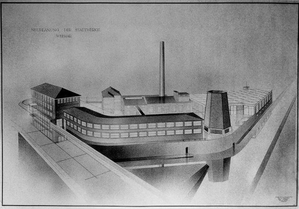 Schaubild des von Leopold Wiel und Friedrich Schwertfeger fr die Stadtwerke Weimar geplanten Firmenkomplexes aus dem Jahr 1947.