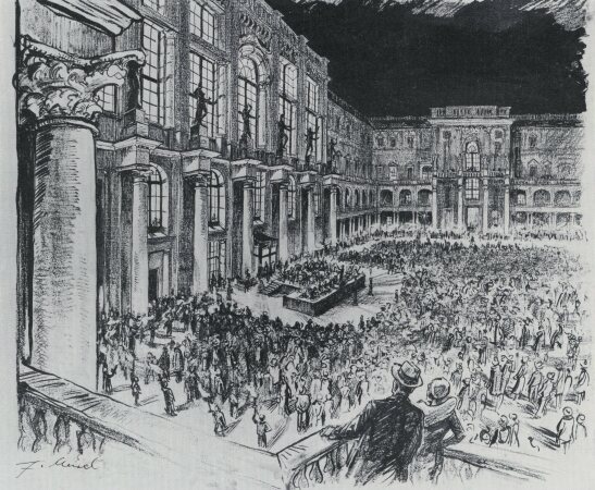 Erich Kleiber dirigiert im Schlterhof bei Fackelschein anlsslich der Berliner Kunstwochen 1932, Zeichnung: Fritz Meisel