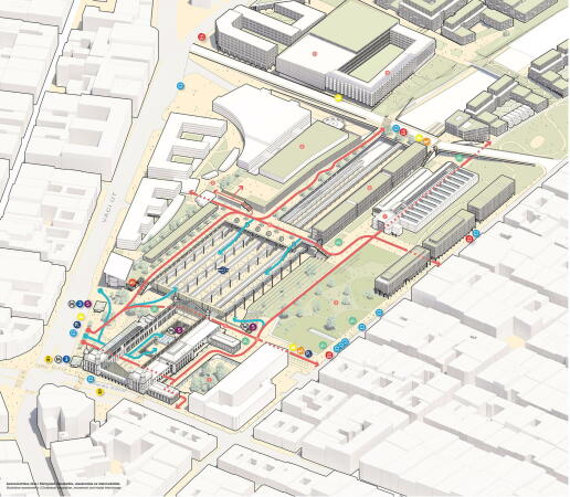 1. Preis: Grimshaw (London) mit Nautes Architects (Budapest), Vogt Landschaftsarchitekten (Zrich). Axonometrie