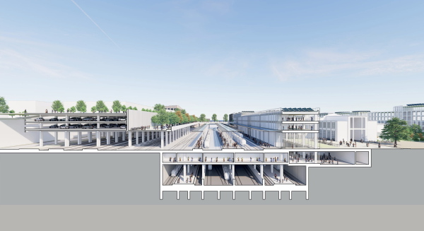 1. Preis: Grimshaw (London) mit Nautes Architects (Budapest), Vogt Landschaftsarchitekten (Z�rich). Querschnitt