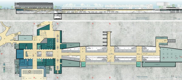 ein 2. Preis: Arep (Paris) mit �p�t�sz St�di� (Budapest). Grundriss Untergeschoss