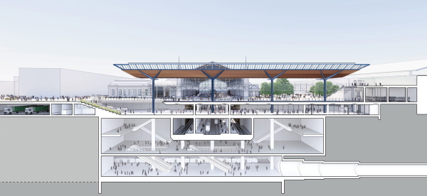 1. Preis: Grimshaw (London) mit Nautes Architects (Budapest), Vogt Landschaftsarchitekten (Z�rich). L�ngsschnitt