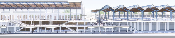 1. Preis: Grimshaw (London) mit Nautes Architects (Budapest), Vogt Landschaftsarchitekten (Z�rich). Schnitt durch die Bahnhofshalle