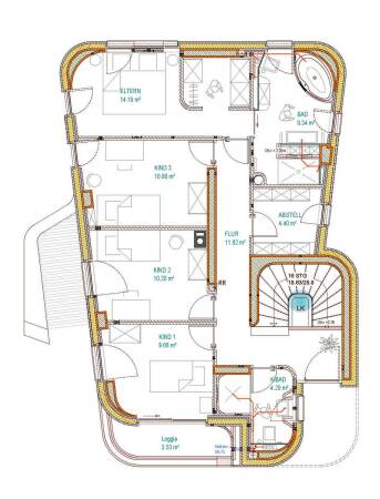 Grundriss OG mit gedruckten Auenwandschalen (grau), gedruckter Schalung fr Ortbeton (rot), Ortbeton (grn), 16 cm Perlitschttung (gelb)