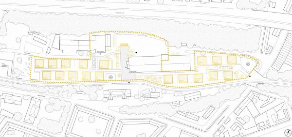 Der Eventgelndeplan des Solar Decathlon Campus samt eingezeichneten Demonstratoren (gelb)