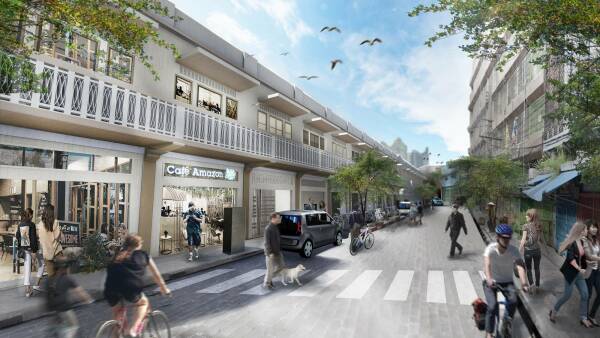 Team ur-baan aus Bangkok, Thailand: Sanierung und Aufstockung von Reihenhusern mit Geschften in der Erdgeschosszone in Bangkok; Visualisierung