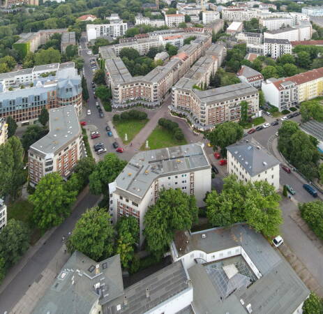 Vogelschau des Kolonnadenviertels in der Inneren Westvorstadt von Leipzig, realisiert zwischen 1982 und 1991