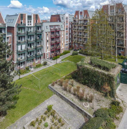 Ersatzneubauten in der Nrdlichen Altstadt von Rostock, Blick in den Innenhof der Huser Aalstecherstrae 1  3 und Badstberstrae 1  2