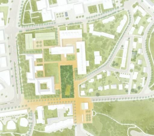2. Preis: Lageplan aus dem Entwurf von Bottega + Ehrhardt Architekten, Stuttgart, mit Koeber Landschaftsarchitektur, Stuttgart, und Ute Meyer Stadtplanung