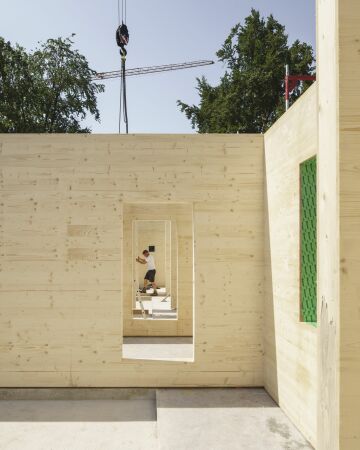 Baustellenbild aus dem Forschungshaus in Holzbauweise