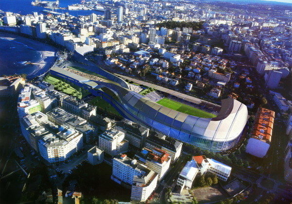 Stadion-Entwurf für La Coruna in Spanien von 2001. Einige Jahre später konnte Eisenmans Büro in Glendale in Arizona tatsächlich ein Stadion realisieren.