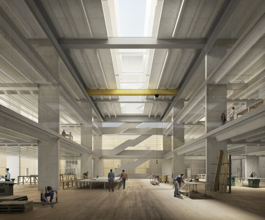 1. Preis: Jabornegg & Plffy. Die zentrale dreigeschossige Halle im Werksttten-Neubau wird als Seitenbhne und Tischlerei genutzt