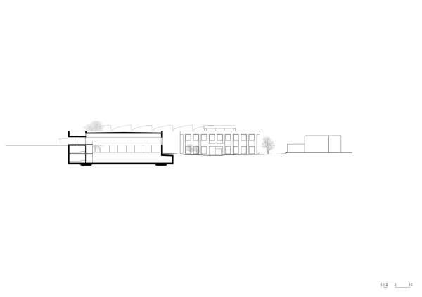 Querschnitt Sporthalle, Ansicht Schulhaus