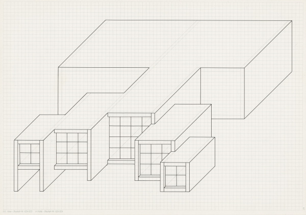 Erwin Heerich, ohne Titel [Galerie, Kulturraum Hombroich, unrealisiert], o. D., Tusche und Bleistift auf kariertem Papier, 29,5 x 42 cm, Inv.-Nr. HA_P_2030