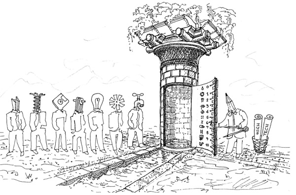 Cartoon von 1995: Der Architekt dirigiert Allegorien der Gebudetechnik  Licht, Wasser, Heizung, Lftung usw.  in die Hohlsule der Outram'schen Roboterordnung. Im Mlleimer: die High-Tech-Architektur seiner britischen Kollegen jener Jahre.