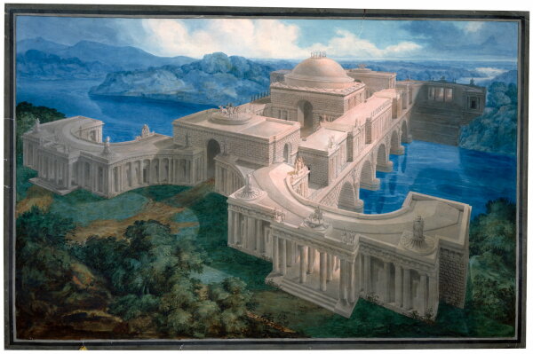 Joseph Michael Gandy: Prsentationszeichnung, Sir John Soanes Entwurf fr eine Triumphalbrcke im dorischen Stil, 1799