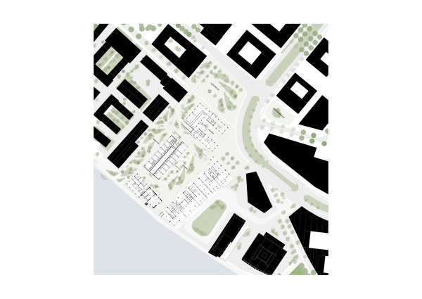 Ein 1. Preis: Kuehn Malvezzi, Berlin  Lageplan mit Grundriss EG