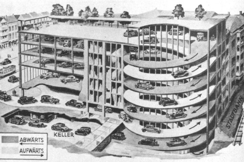 Schnittperspektive des Kant-Garagenpalastes mit der spektakulren Doppel-Helixrampe