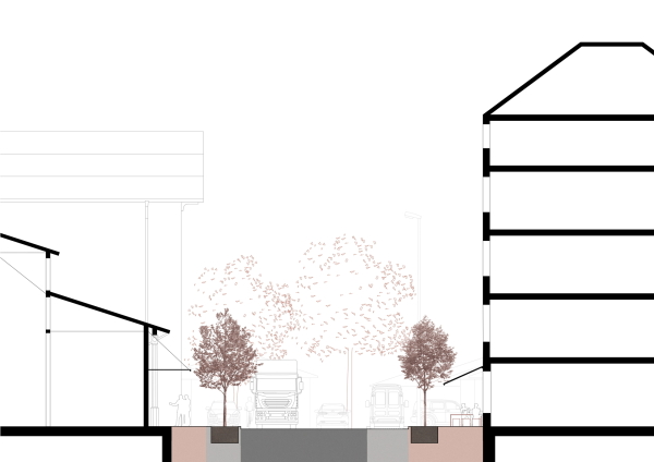 Aktueller Stra�enschnitt durch die Blumenstra�e an der Schrannenhalle München