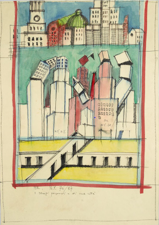 Die pers�nlichen Zeiten und die einer Stadt, 1987, Aquarell, Filzstift und Tempera auf Offsetdruck, 42 x 29,5 cm, Privatsammlung