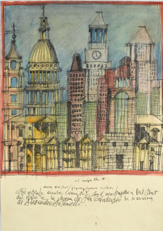 Vertikale Stadt auch wie N. Y. mit meinem Projekt an der Wall Street von 1980 und die Kirche San Gaudenzio in Novara von Alessandro Antonelli, 1987, Aquarell und Filzstift auf Offsetdruck, 42 x 29,5 cm, Privatsammlung